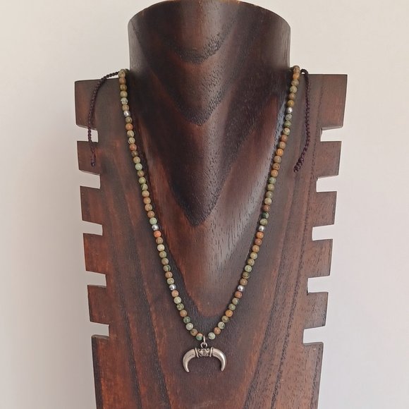 New men's turquoise stone with steel beads and horns pendant hand woven necklace - Picture 2 of 8